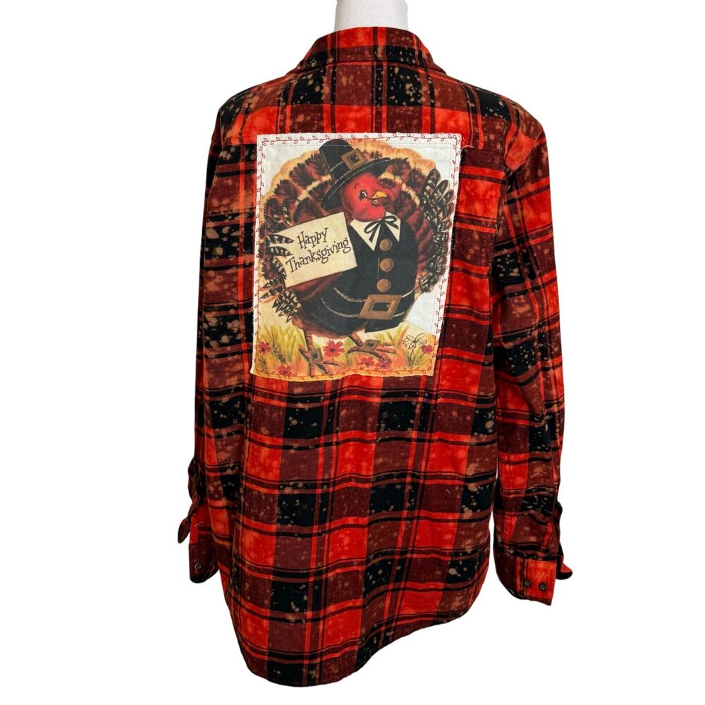 Angry Minnow Flannel Shirt Women's Large Orange Thanksgiving Turkey 100% Cotton